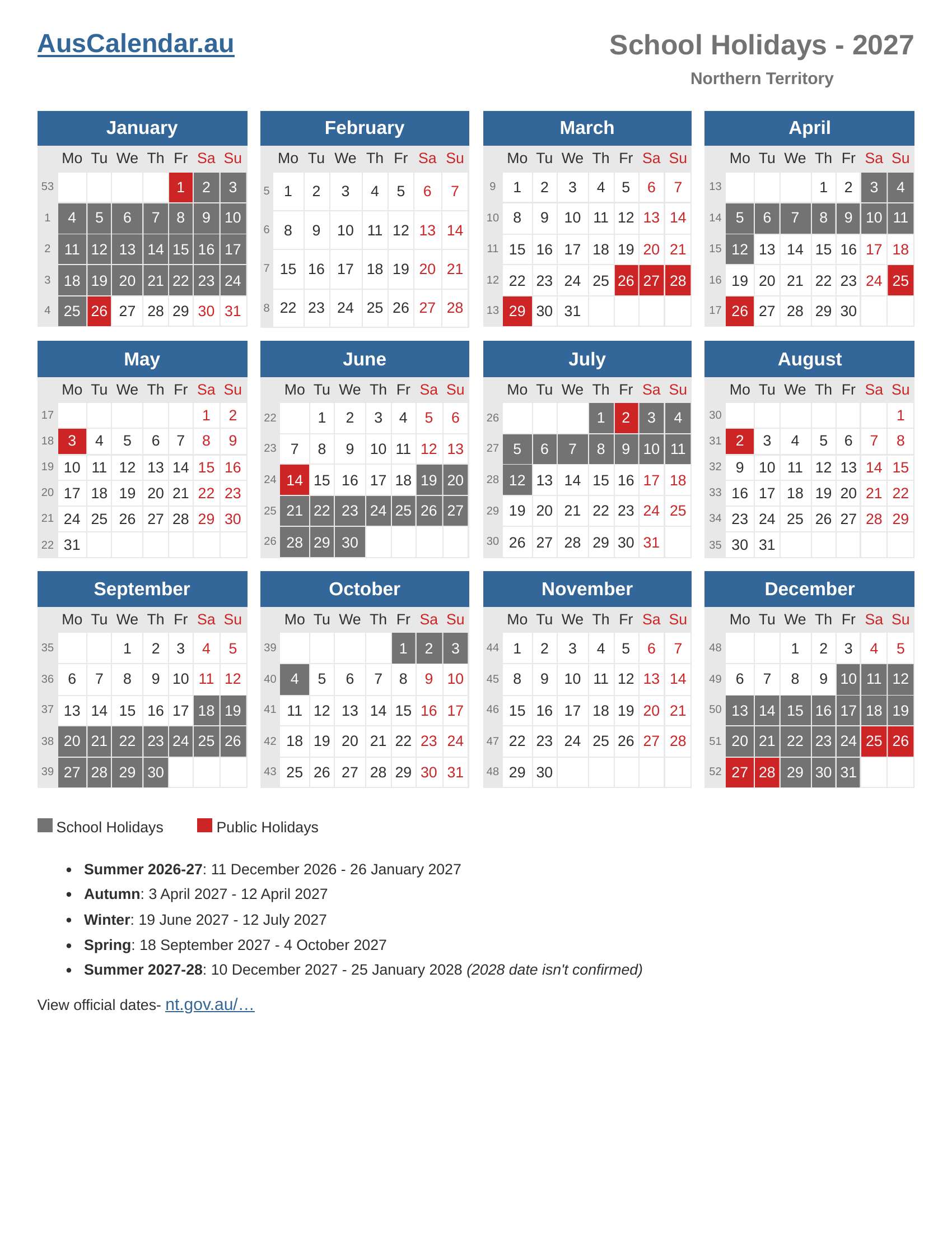 NT School Holidays 2027 List View And Calendar NT School Holidays 2027 List View And Calendar