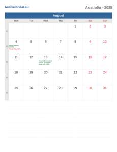 Calendar 2025 August