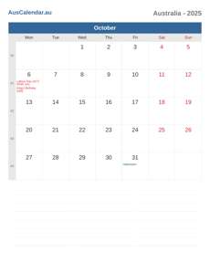 Calendar 2025 October