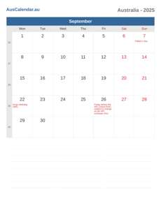 Calendar 2025 September