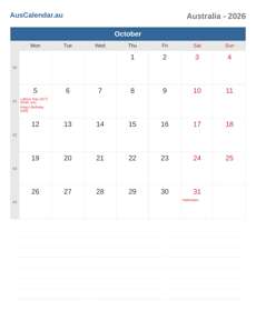 Calendar 2026 October