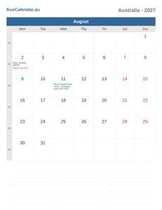 Calendar 2027 August