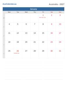 Calendar 2027 January