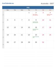 Calendar 2027 July