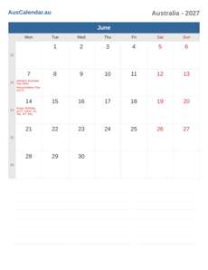 Calendar 2027 June