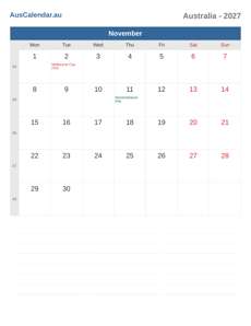 Calendar 2027 November