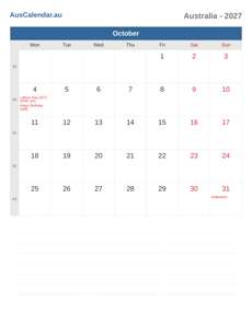 Calendar 2027 October