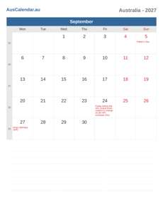 Calendar 2027 September