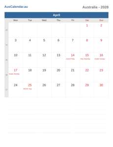 Calendar 2028 April