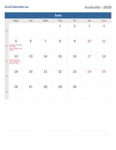 Calendar 2028 June