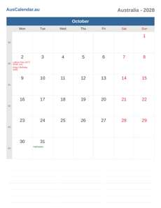 Calendar 2028 October