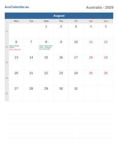 Calendar 2029 August