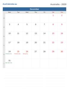 Calendar 2029 December