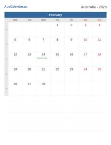 Calendar 2029 February