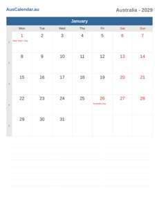 Calendar 2029 January