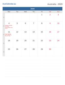 Calendar 2029 June