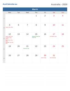 Calendar 2029 March