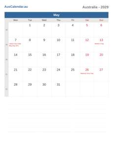 Calendar 2029 May