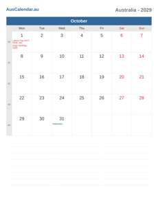 Calendar 2029 October