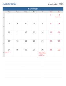 Calendar 2029 September